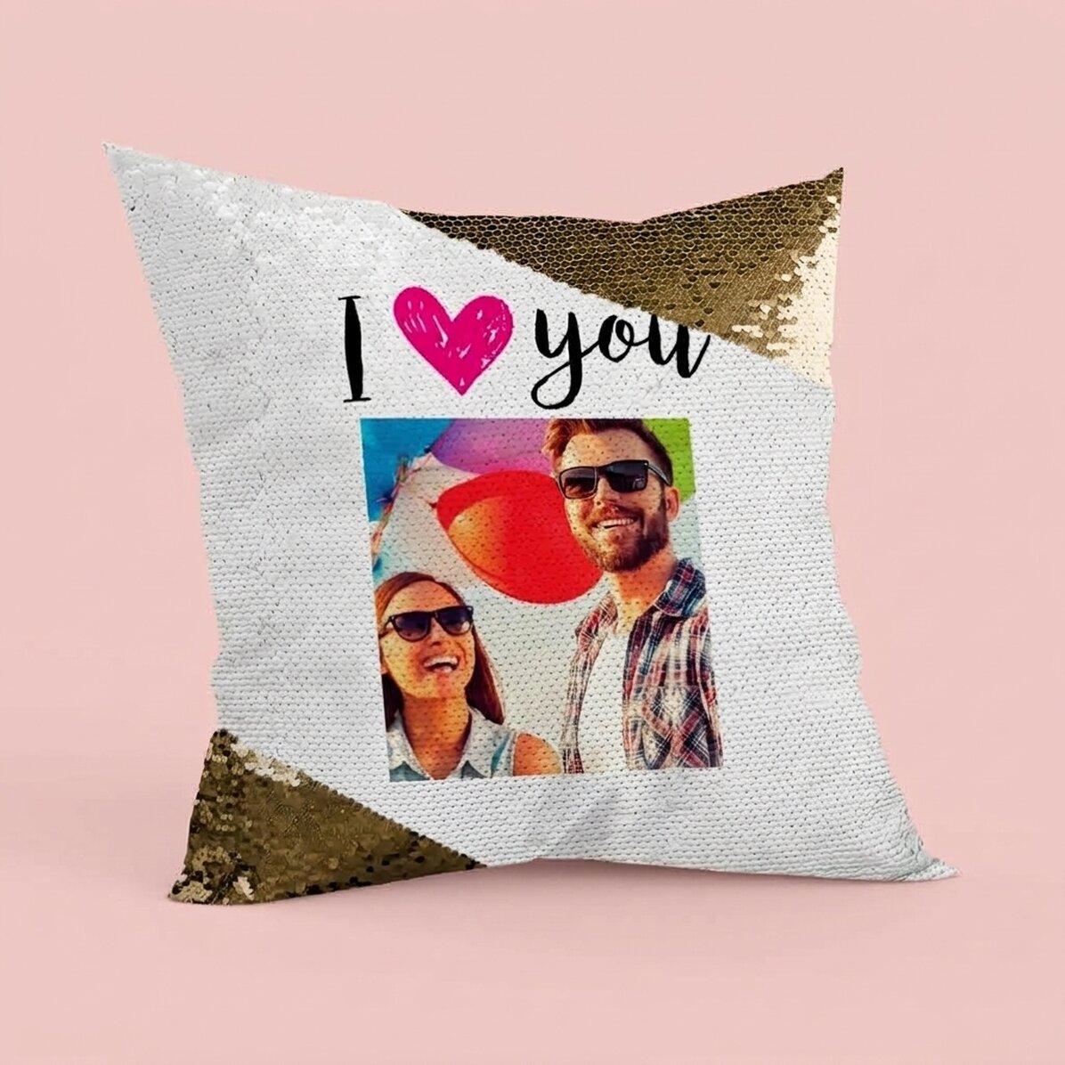 Coussin à paillettes personnalisé avec photo - « I love you »