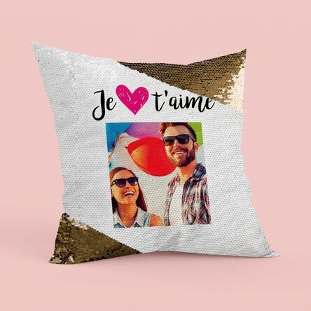Coussin à paillettes personnalisé avec photo - « I love you »