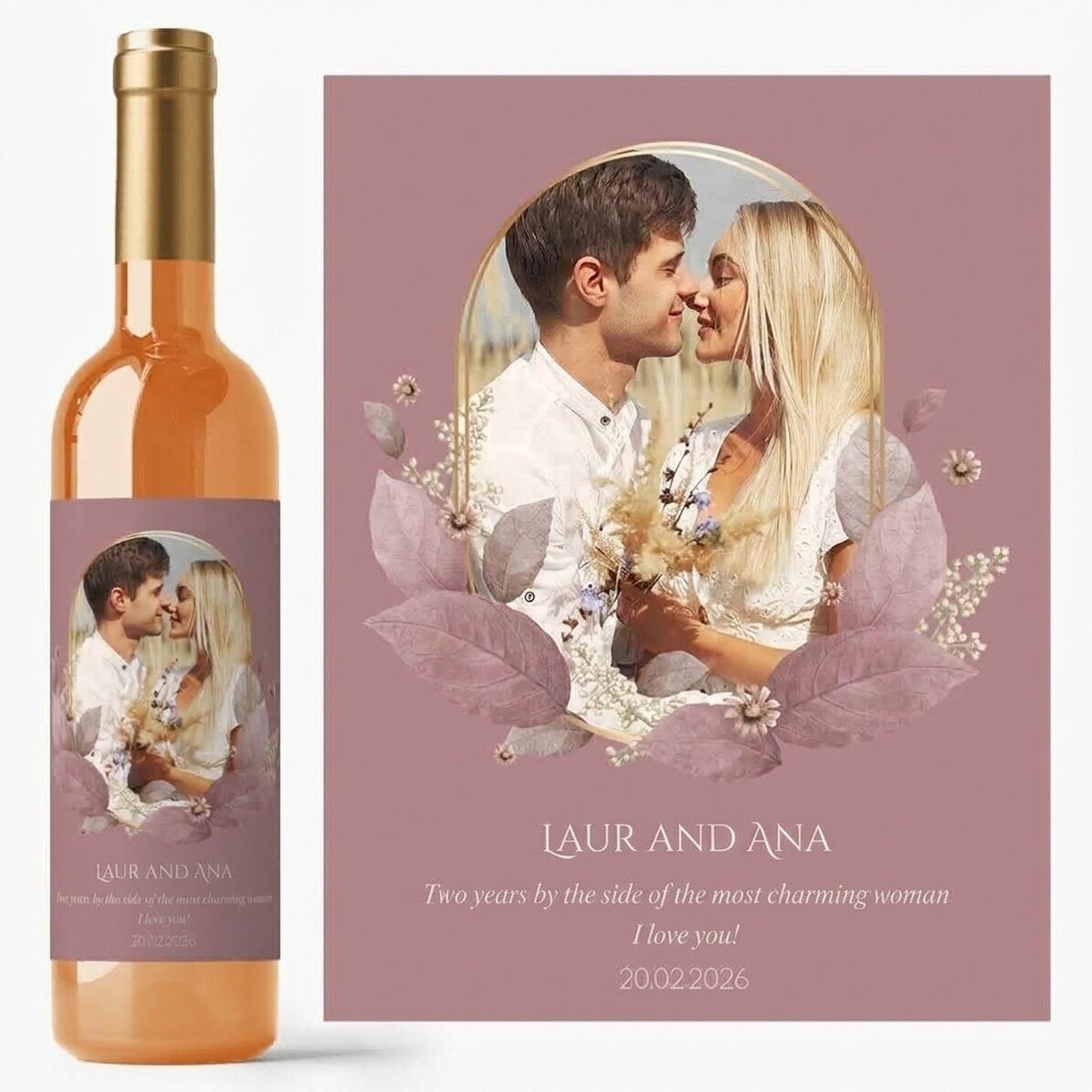 Vin personnalisé avec texte et photo - Floral