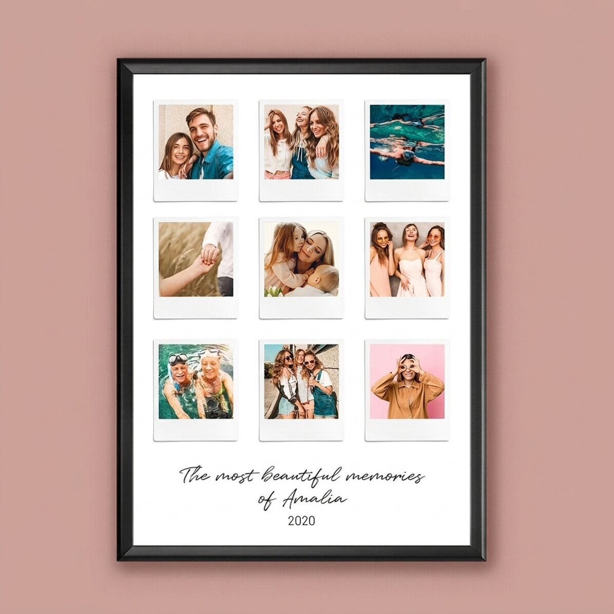 Gepersonaliseerd schilderij met tekst en 9 foto’s in Polaroid-stijl – De mooiste momenten