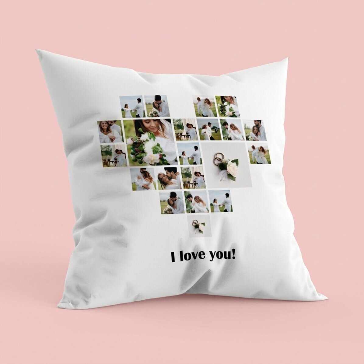 Coussin personnalisé avec 21 photos en forme de cœur et un texte