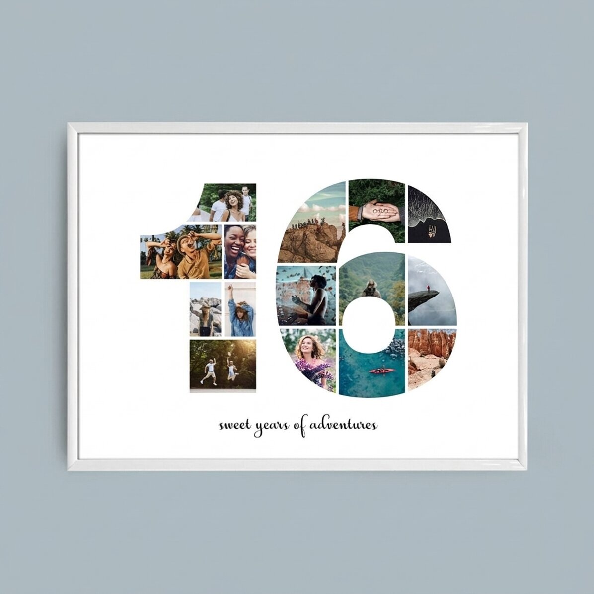 Gepersonaliseerd landschapsschilderij met 15 foto’s, model nr. 16 en tekstbericht