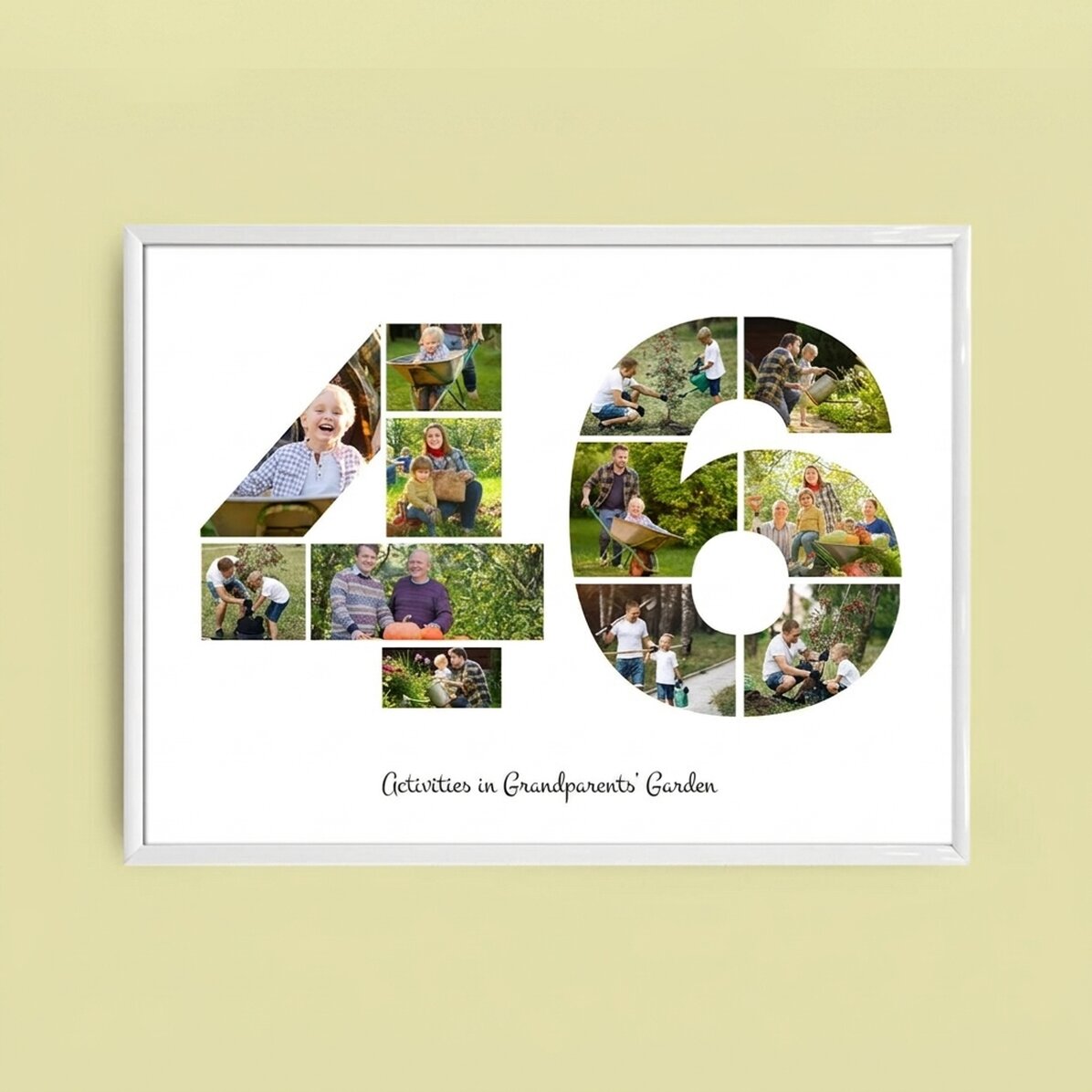 Gepersonaliseerd landschapsschilderij met 12 foto’s, model nummer 46 en tekstbericht