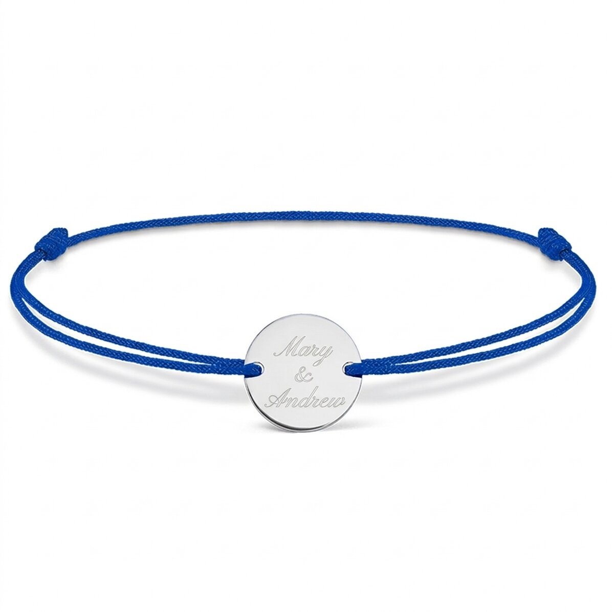 Gepersonaliseerde armband met koord - muntje 14 mm - 925 zilver - 2 namen