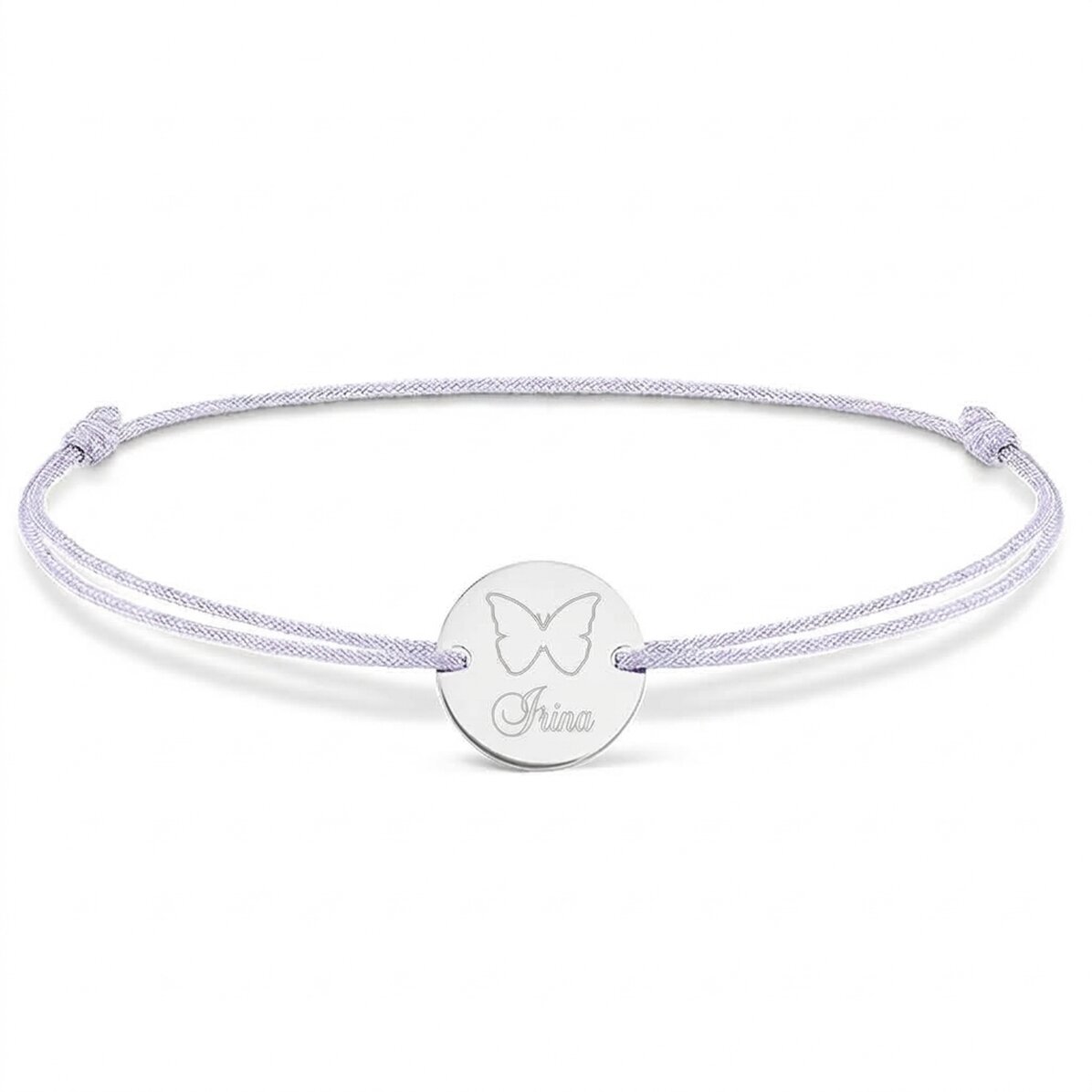 Gepersonaliseerde armband met koord - muntje 14 mm - 925 zilver - vlindermotief