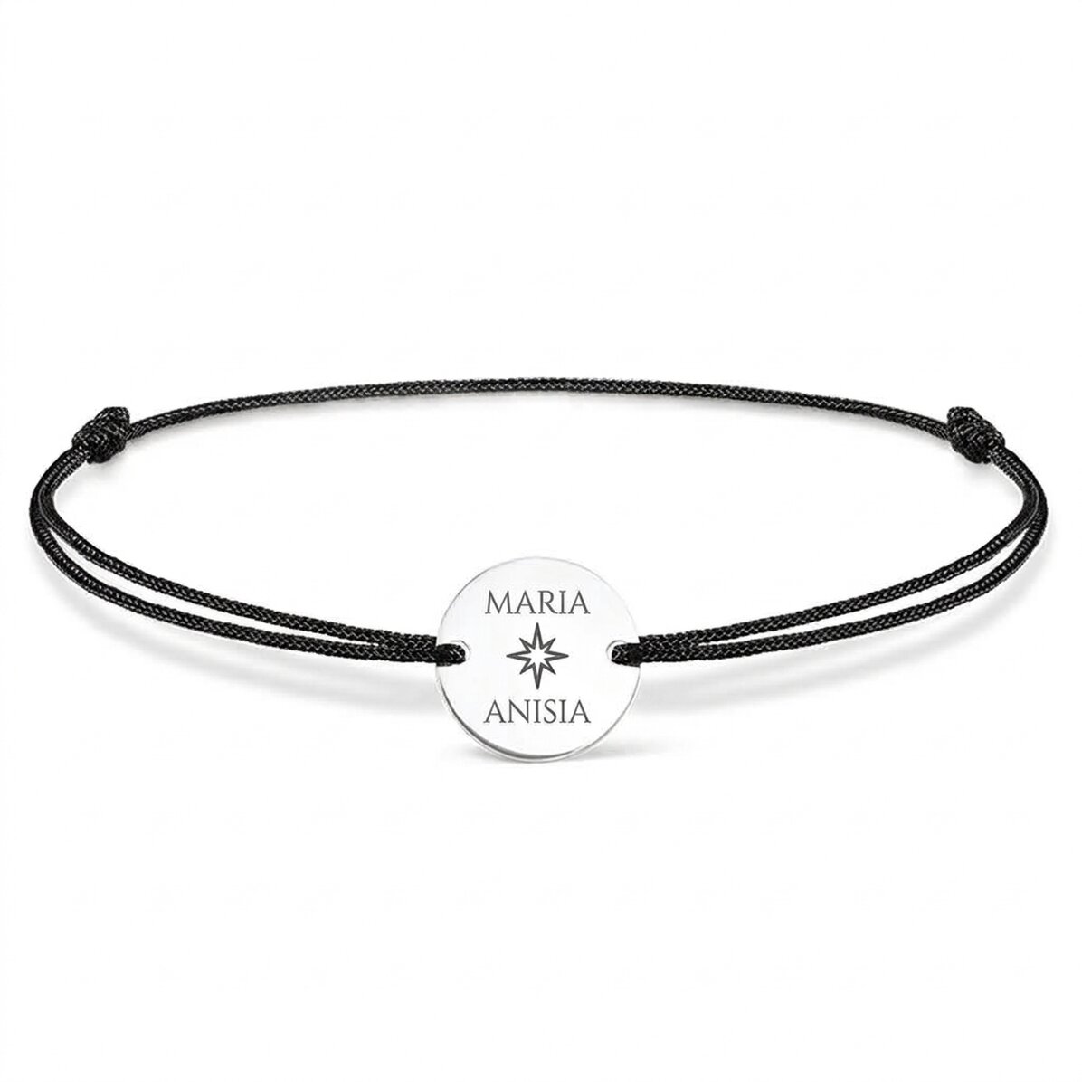 Bracelet à cordon personnalisé - médaille de 14 mm - argent 925 - modèle étoile avec 2 prénoms