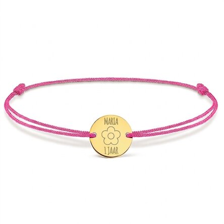 Gepersonaliseerde armband met koord - muntje 14 mm - 925 zilver - bloemetje-motief