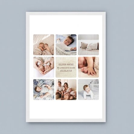 Tableau personnalisé avec un texte et 8 photos - La première année de bébé