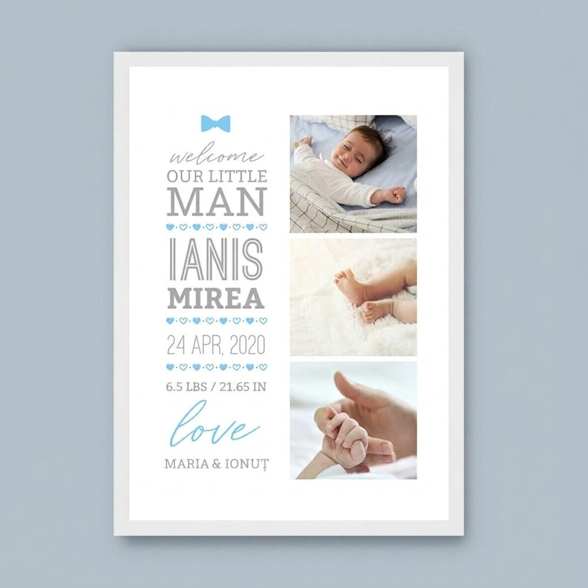 Tableau personnalisé avec un texte et 3 photos - Hello, baby (Garçon)