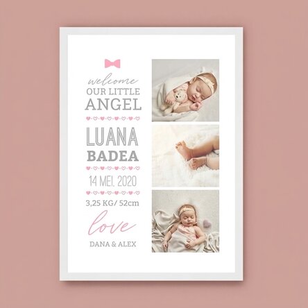 Gepersonaliseerd schilderij met tekst en 3 foto's - Hello, baby (Meisje)