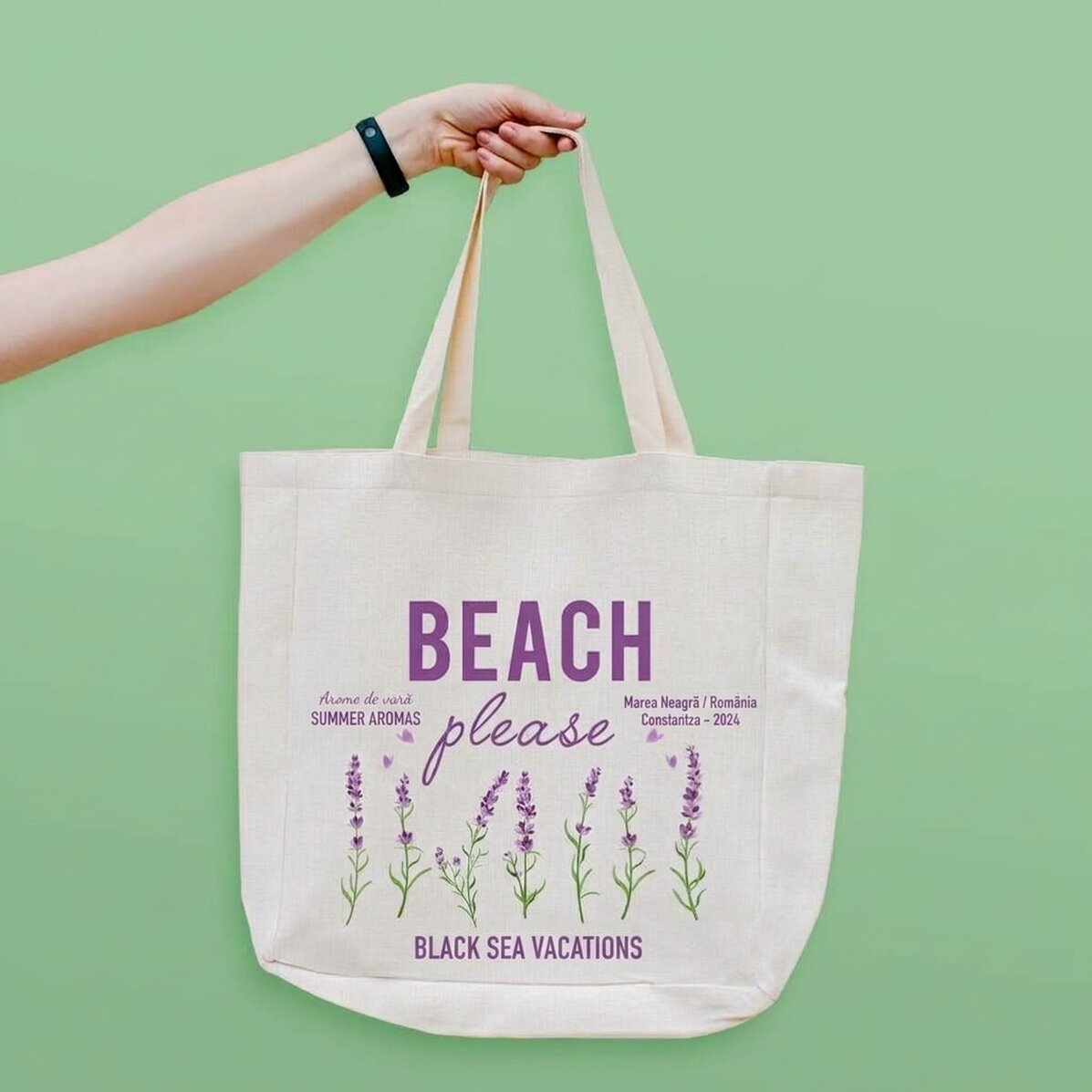 Sac de plage personnalisé avec inscription - Modèle « Beach please » couleur lavande
