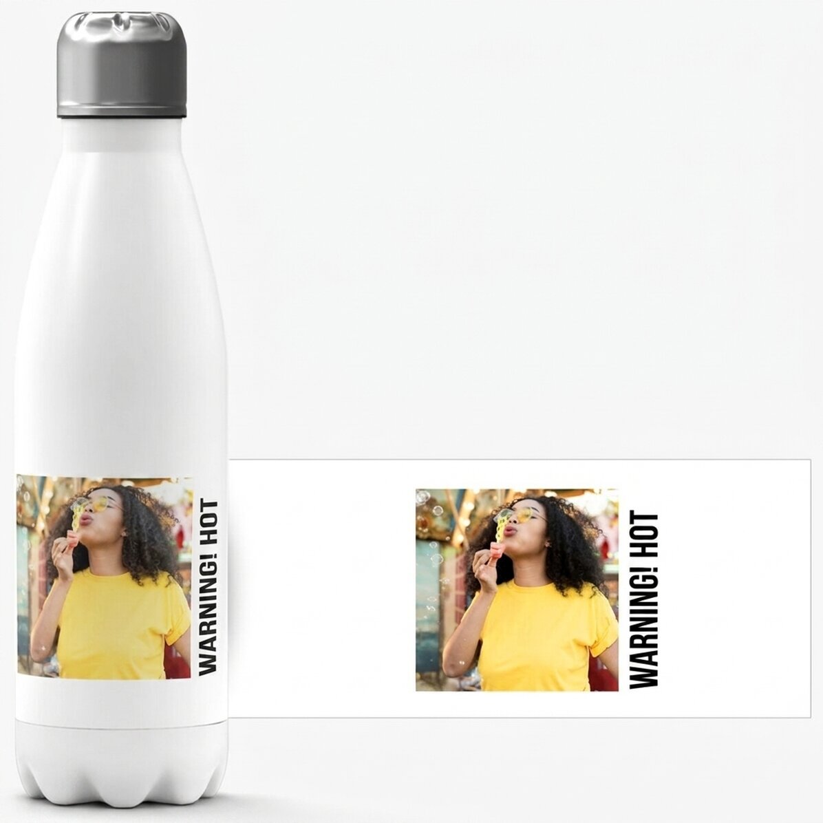 Thermos à base blanche personnalisé avec une photo et un texte