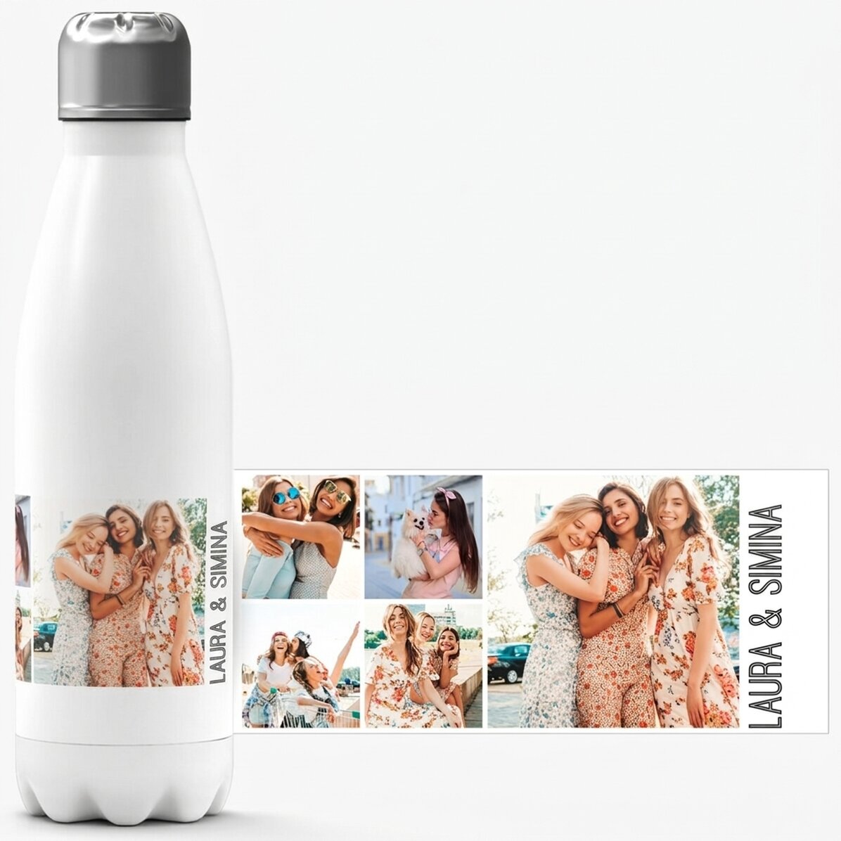 Thermos à base blanche personnalisé avec 5 photos et un texte