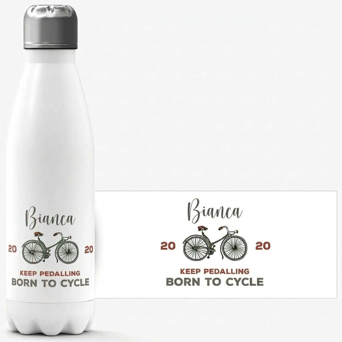 Thermosfles met witte bodem, gepersonaliseerd met naam en tekst - Fiets