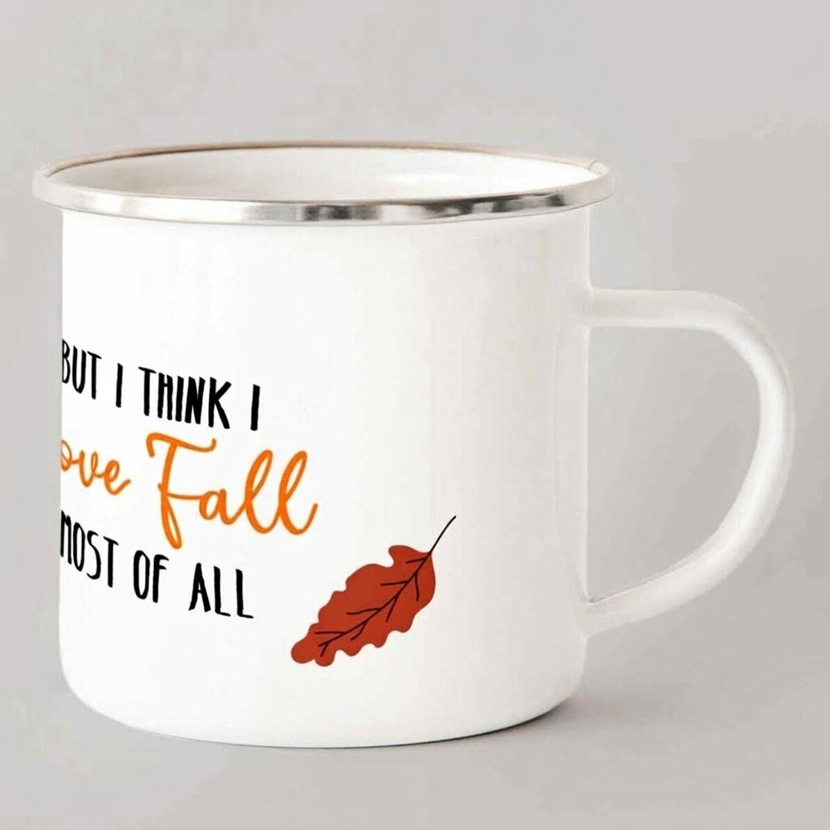 Geëmailleerde metalen mok met tekst - I love fall