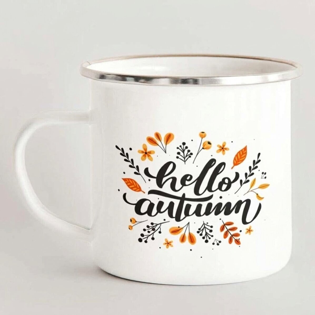 Tasse en métal émaillée avec inscription - « hello autumn »