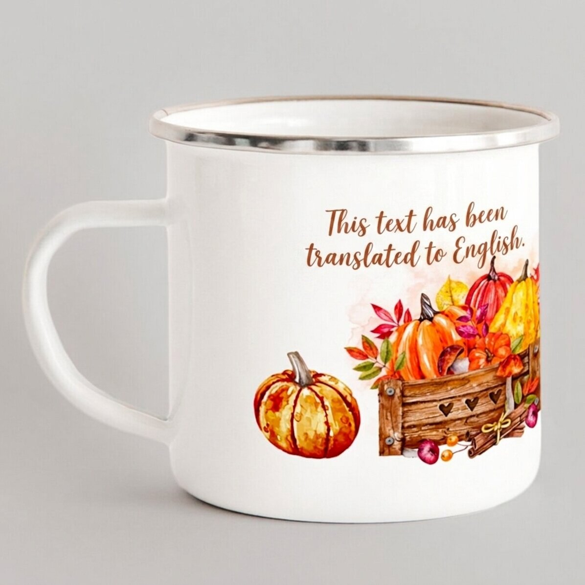 Geëmailleerde metalen mok met tekst - Hello, pumpkin