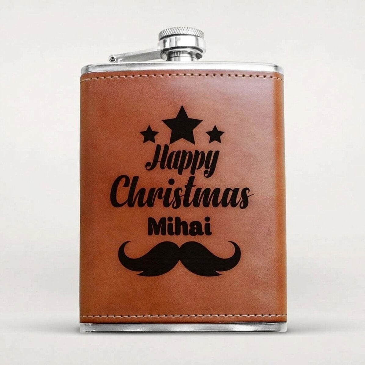 Gepersonaliseerde zakfles met lederen hoes - Happy Christmas