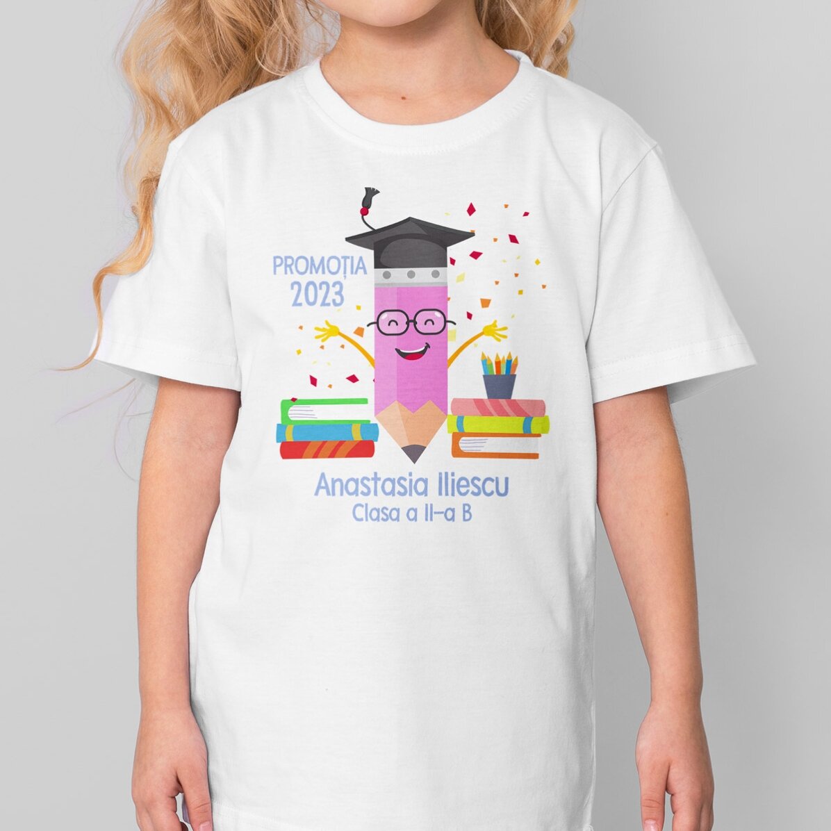 Katoenen T-shirt voor kinderen, gepersonaliseerd met tekst - Afstudeerpotlood