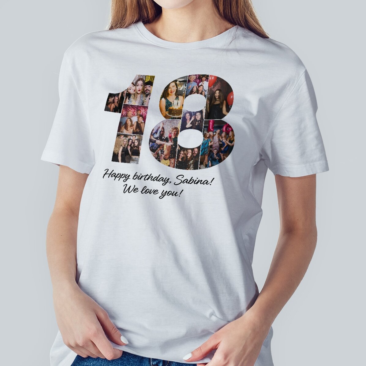 Gepersonaliseerd katoenen T-shirt met 11 foto’s en tekst voor een 18e verjaardag