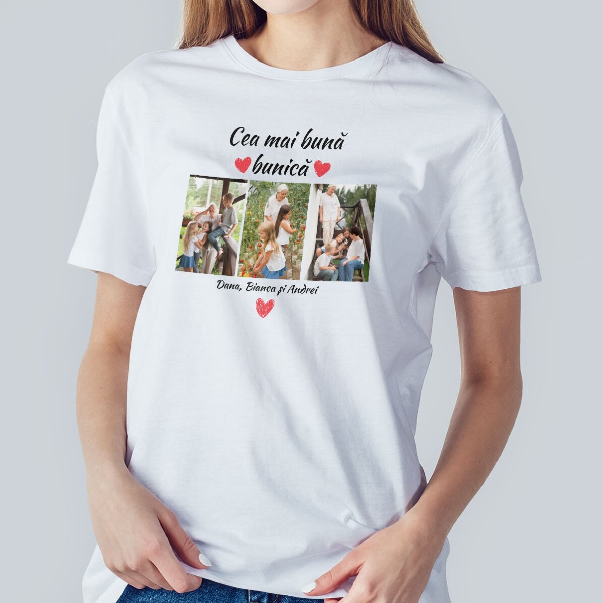 Gepersonaliseerd katoenen T-shirt met 3 foto’s en tekst – De beste grootouders