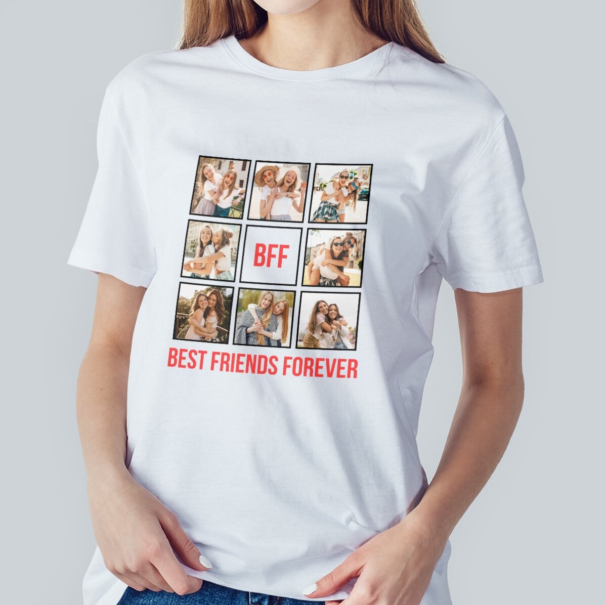 T-shirt en coton personnalisé avec 8 photos et un texte - Best Friends Forever