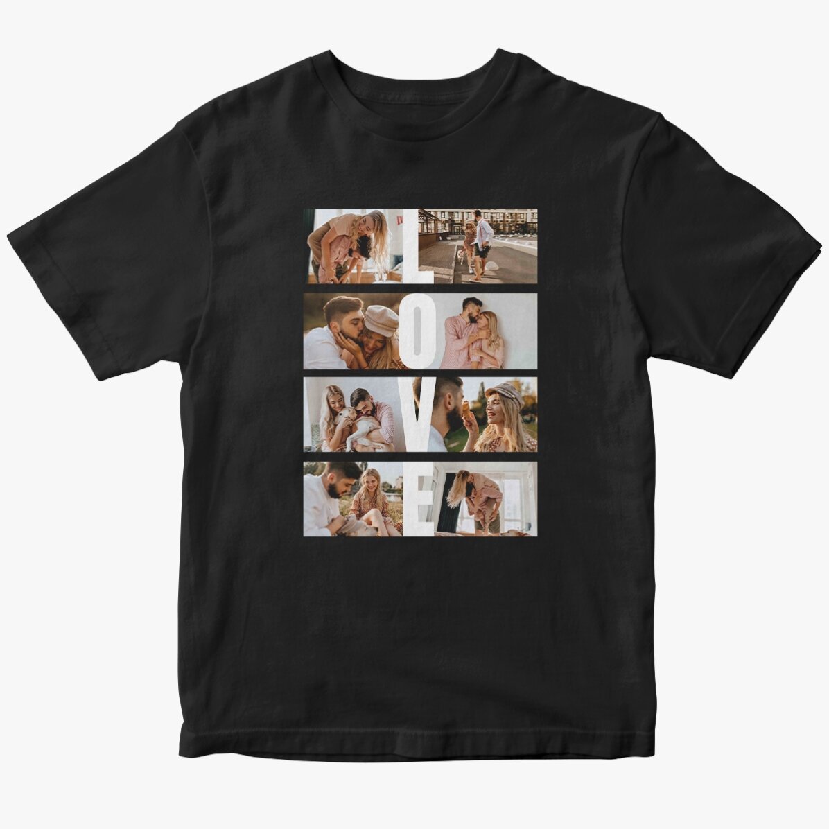 T-shirt en coton personnalisé avec 8 photos et un texte - LOVE