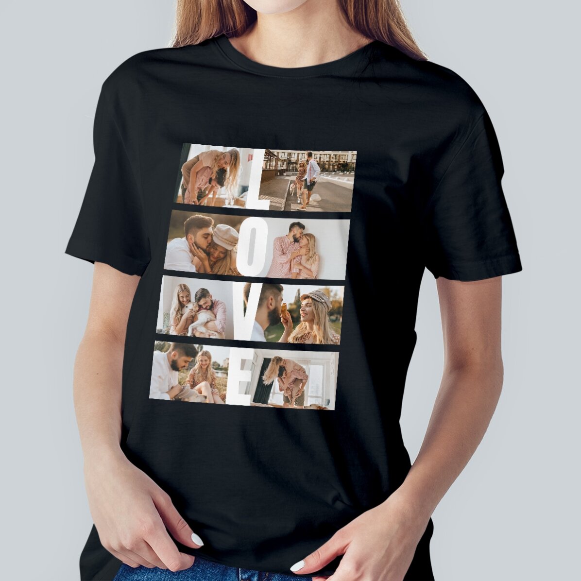 T-shirt en coton personnalisé avec 8 photos et un texte - LOVE