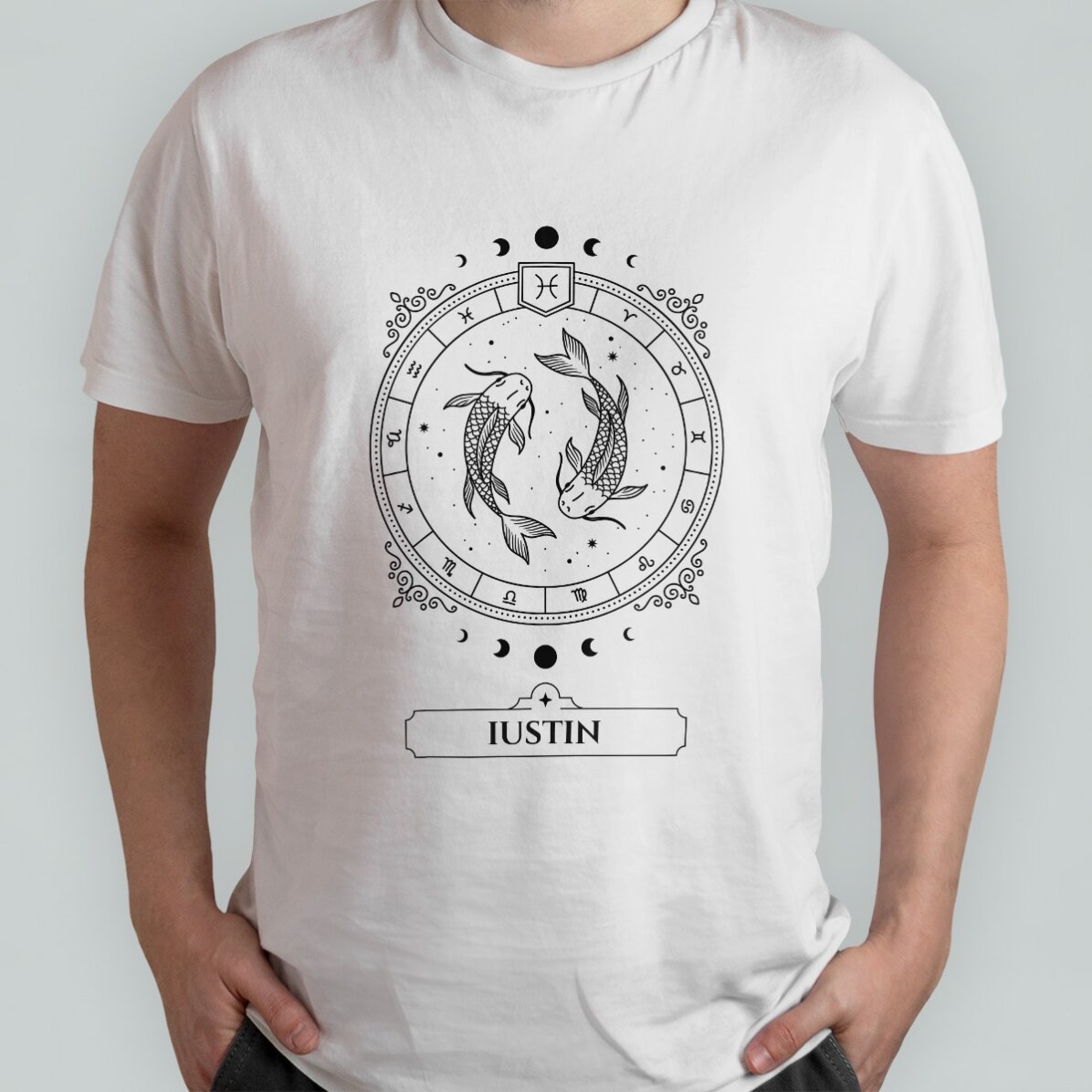 Katoenen T-shirt met naam en sterrenbeeld - Vissen