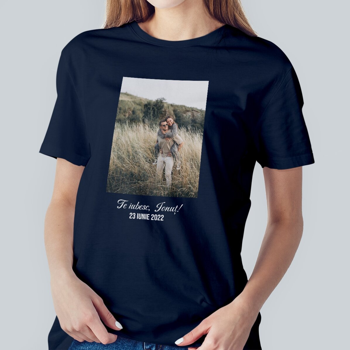 Katoenen T-shirt met een portretfoto en tekst erop