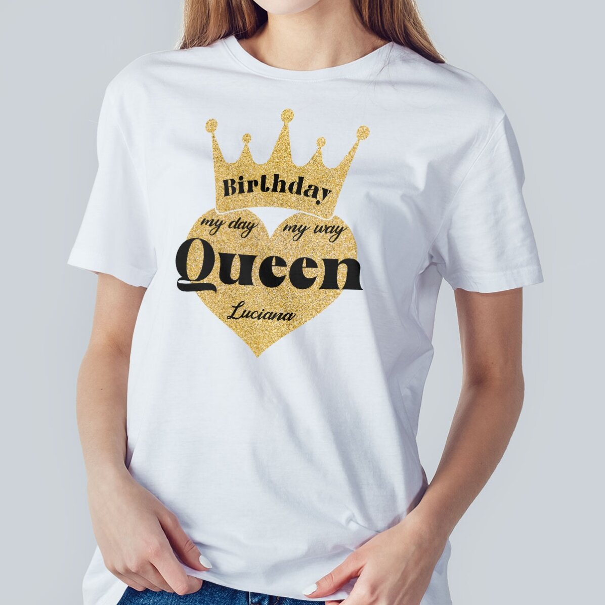 Katoenen T-shirt met gepersonaliseerde tekst - Birthday Queen