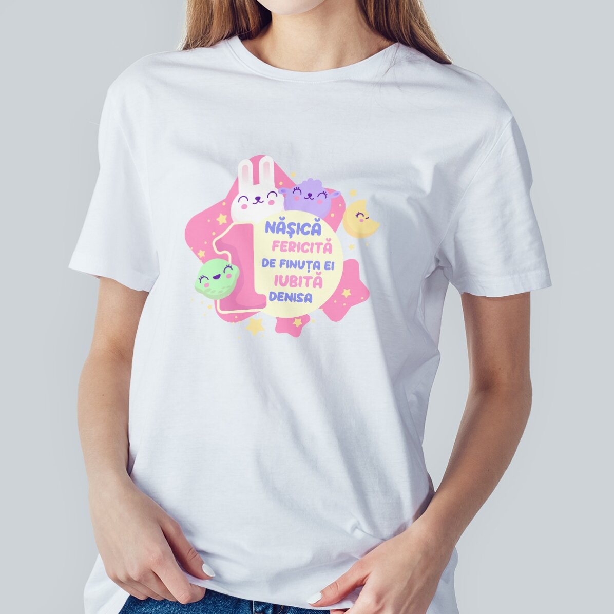 T-shirt en coton personnalisé avec un texte (modèle pour filles) - 1er anniversaire