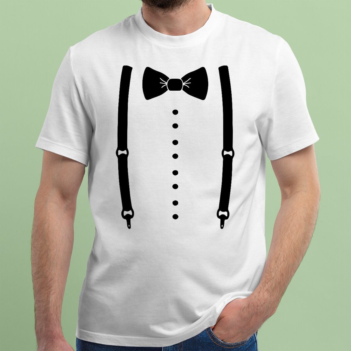 T-shirt en coton personnalisé pour un enterrement de vie de garçon - Bretelles et nœud papillon