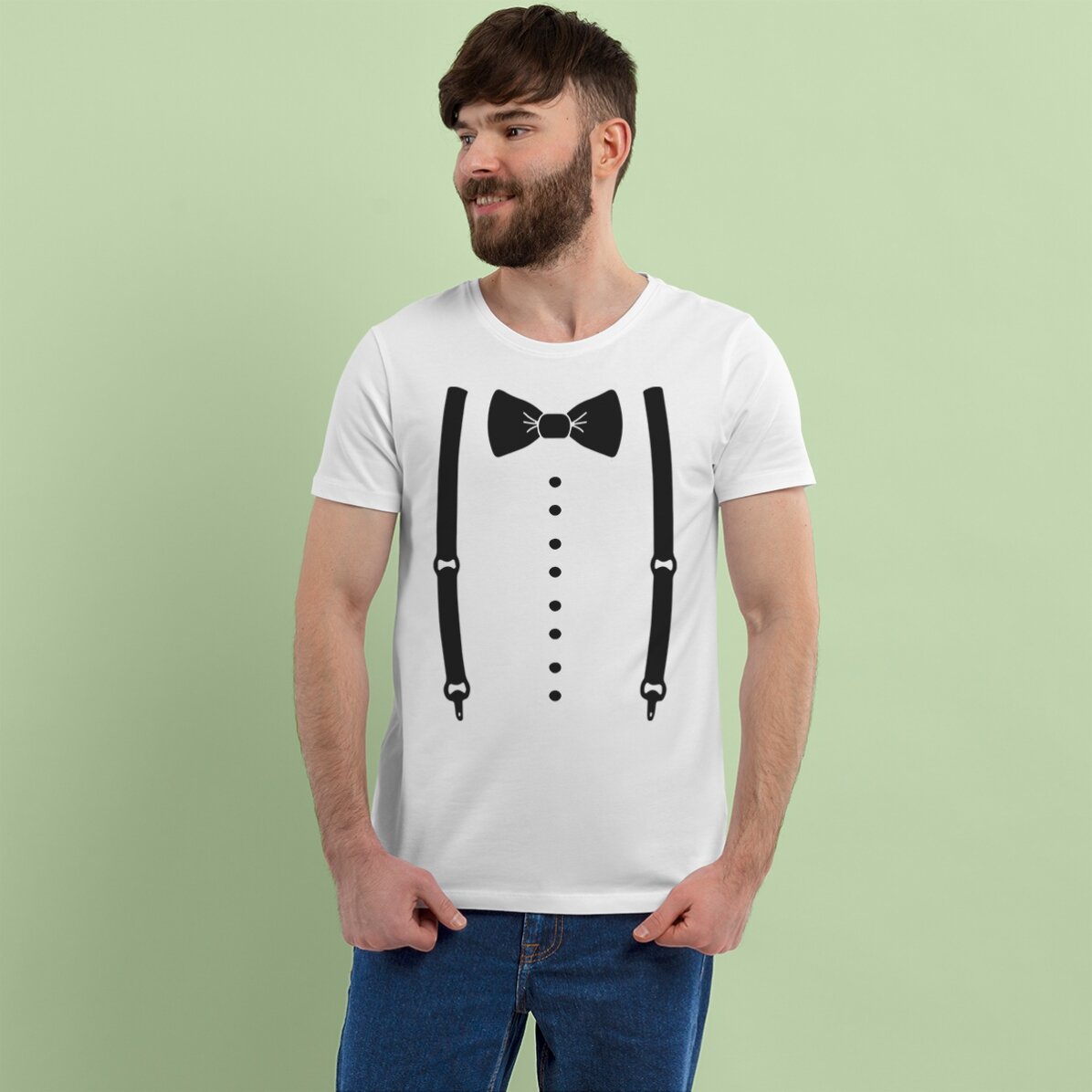 T-shirt en coton personnalisé pour un enterrement de vie de garçon - Bretelles et nœud papillon