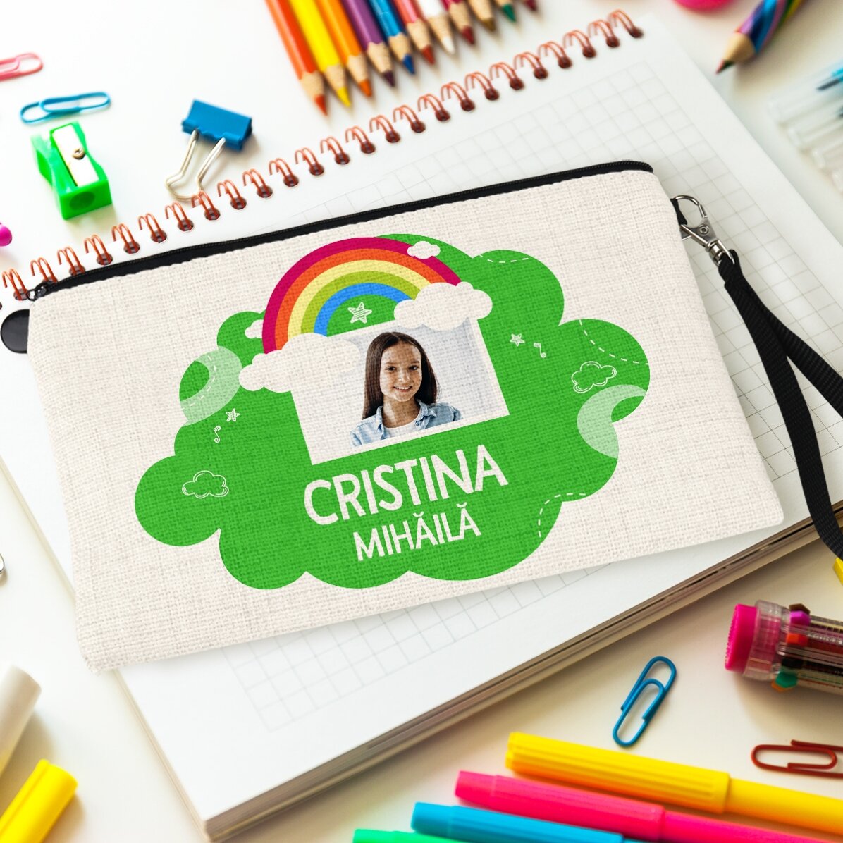 Gepersonaliseerde schoolset met foto en tekst - Regenboogmodel