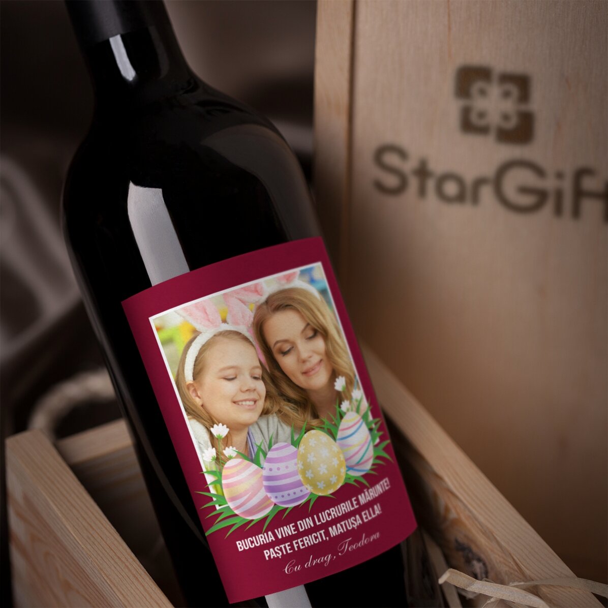 Vin personnalisé avec une photo et un message pour Pâques