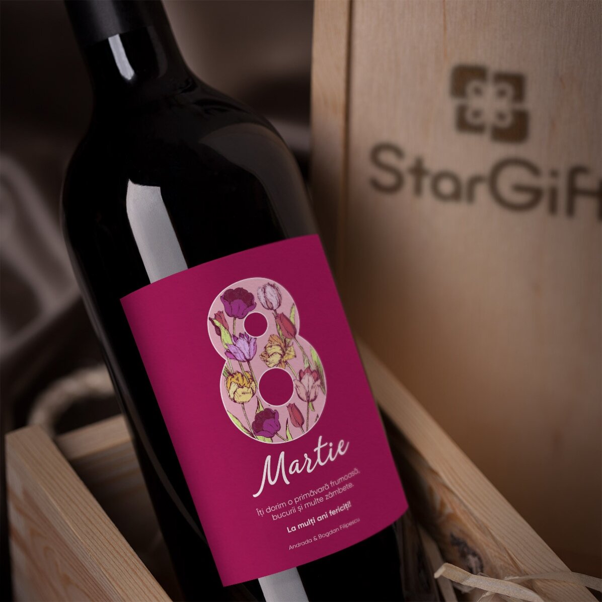 Vin personnalisé avec un message pour le 8 mars