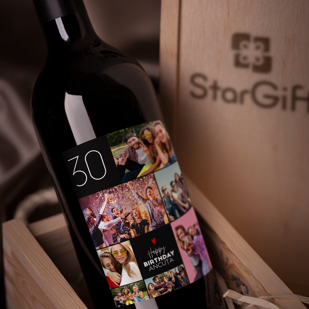 Vin personnalisé avec un texte et 7 photos pour un anniversaire - Joyeux anniversaire !